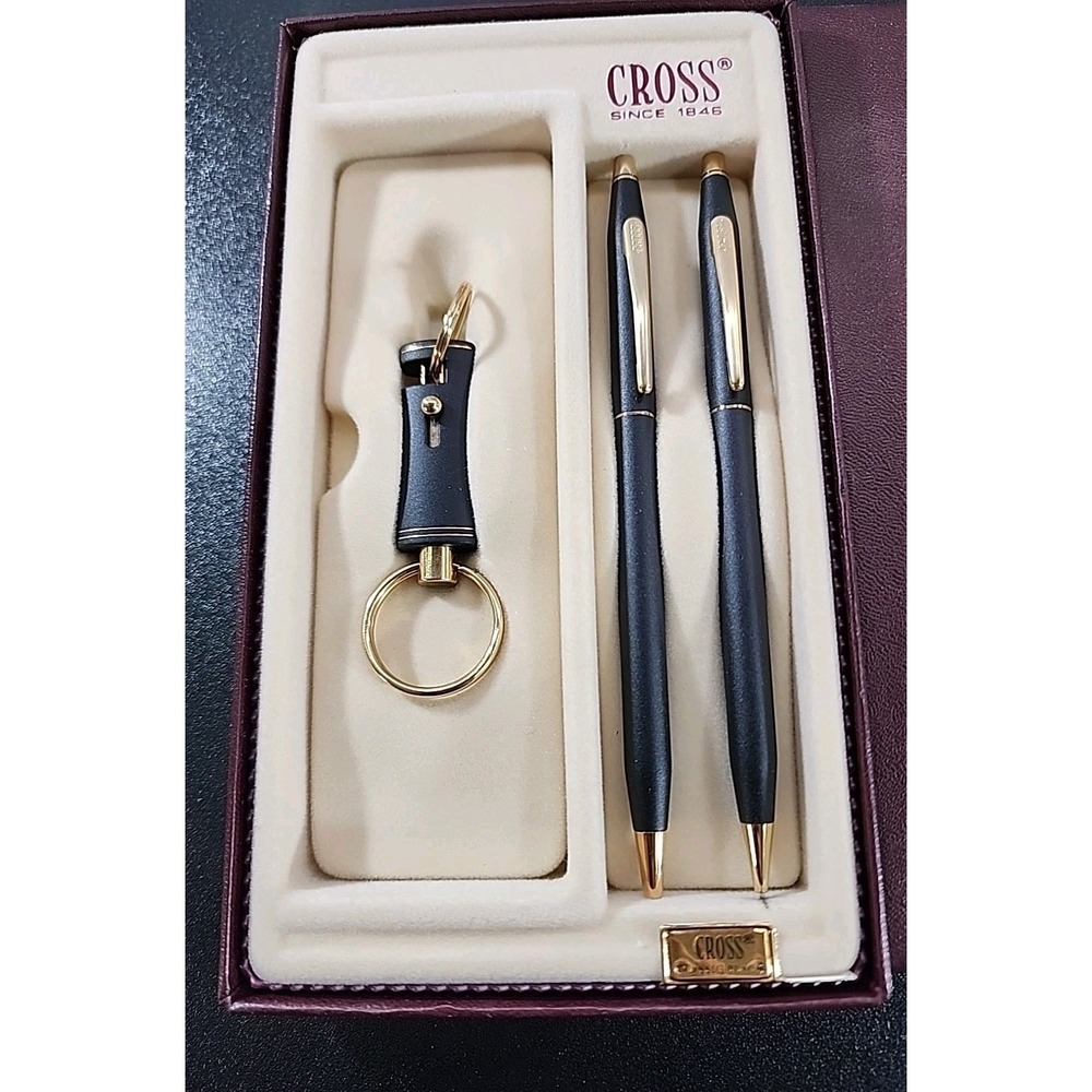 Cross Matte Black 23K Gold Trimmed Pen & Pencil 0.05mm Lead & Key‎ Ring Gift Set